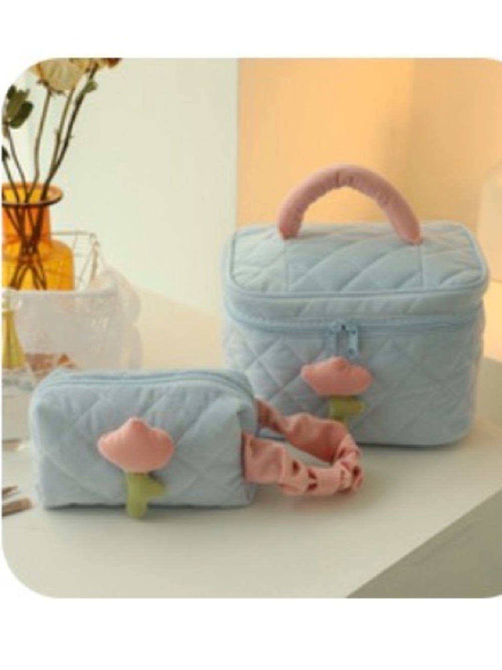 Kids Quilted Light Blue Cosmetic Bag Set with Pink Flower Accent